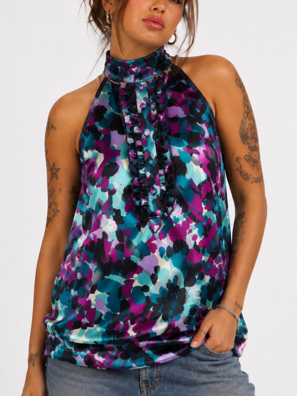 Y2K GNW Sleeveless Halter Floral Blouse Teal Purple Womens Size XL